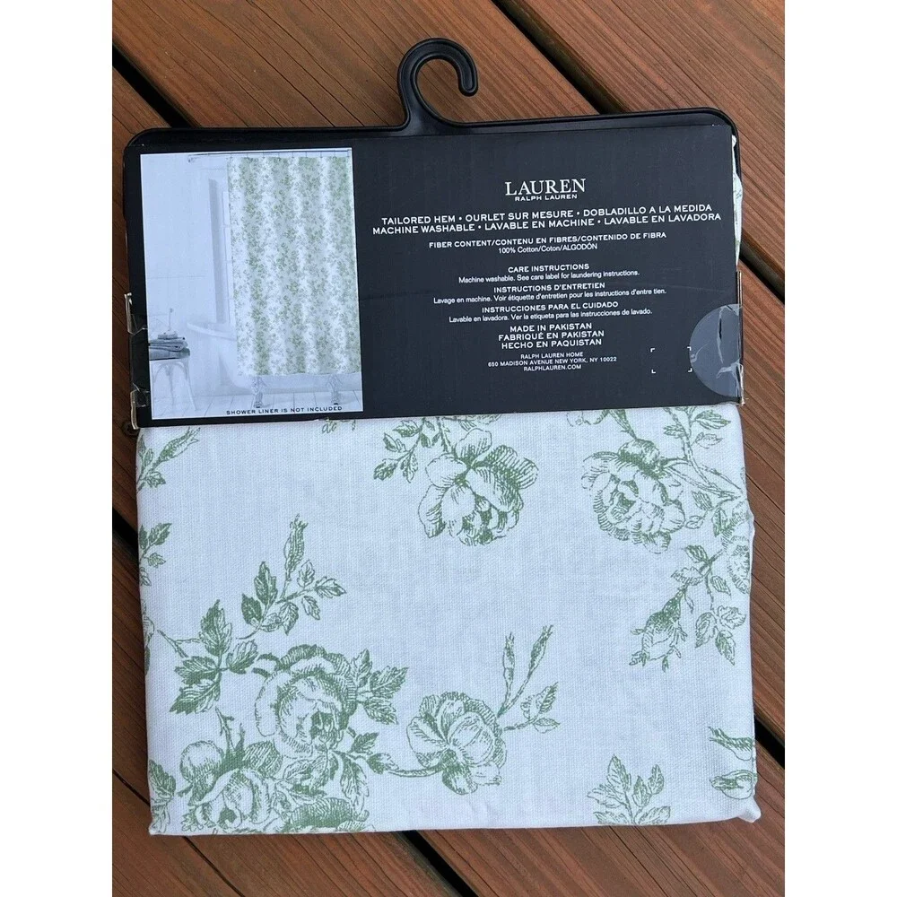 Ralph Lauren Cotton Fabric Shower Curtain White & Green Toile Roses Floral New